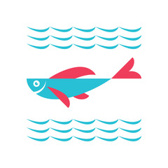 Fish and sea water waves - concept sign vector illustration. 