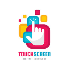 Touch screen finger - concept business logo template. Human hand on surface display. Digital technology sign. Abstract graphic design element. Vector illustration.
