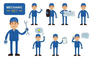 Set of auto mechanic characters posing in different situations. Cheerful worker showing thumb up, pointing up, holding banner, phone, document, wrench, tire. Flat style vector illustration