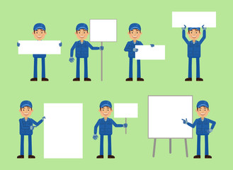 Set of auto mechanic characters posing with different blank banners. Cheerful worker with paper, poster, placard, pointing to whiteboard, teach, advertise, promote. Flat style vector illustration