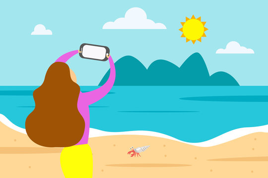 woman taking photo the seascape by smart phone. vector illustration