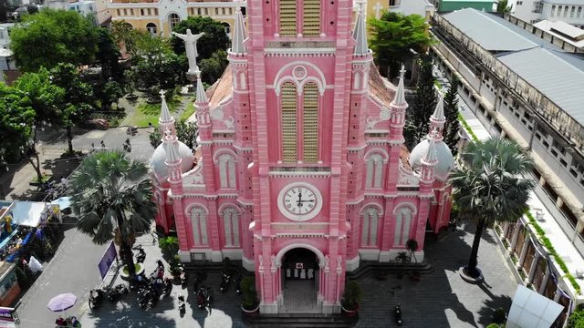 Aerial Drone Pull Back Pink Tan Dinh Church Front View Ho Chi Minh Vietnam