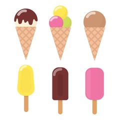 Colorful ice cream icons set. Collection ice cream cones and Popsicle with different topping isolated on white background. Vector illustration.