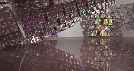 Abstract dynamic interior with brown and colored smooth objects. 3D illustration and rendering