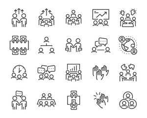 set of meeting icons, such as  group, team, people, conference, leader, discussion
