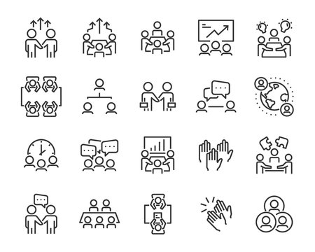 set of meeting icons, such as  group, team, people, conference, leader, discussion