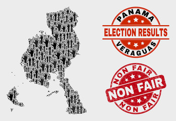 Obraz premium Patriotic Veraguas Province map and seals. Red round Non Fair scratched seal stamp. Black Veraguas Province map mosaic of raised up electoral hands. Vector collage for ballot results,
