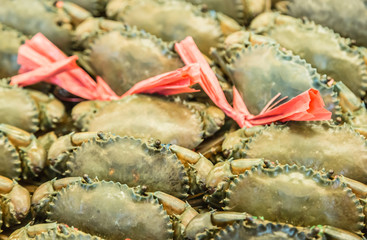 fresh crab on sale in seafood market background