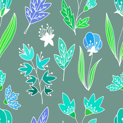 Abstract floral seamless pattern with cute leaves and flowers in hand drawn doodle style. Vector illustration. Trendy background for paper, textile, wrapping and decoration.