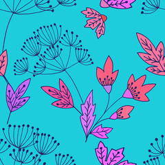 Fototapeta na wymiar Abstract floral seamless pattern with cute leaves and flowers in hand drawn doodle style. Vector illustration. Trendy background for paper, textile, wrapping and decoration.