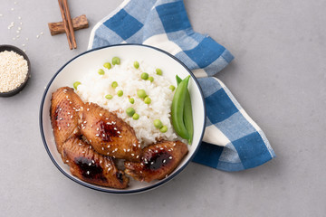 Chinese food fried chicken wings with rice