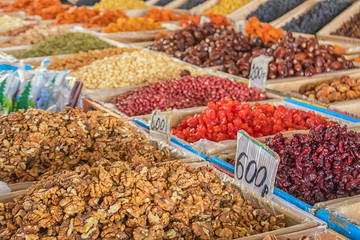 Nuts and dried fruits - the best organic food, city market, Baikonur, Kazakhstan