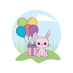 Obraz na płótnie Canvas cute rabbit with gift box and balloons helium in landscape