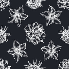 Seamless pattern with hand drawn chalk bellflower, globethistle, globeflower