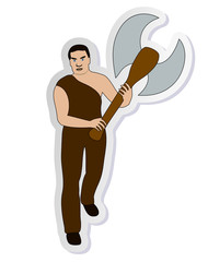 Vector illustration, sticker of man barbarian wearing in ..clothing from skins with big axe isolated on white background