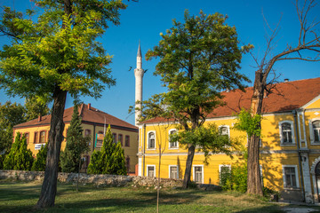 SKOPJE,Colorful buildings and trees.MACEDONIA-AUGUST 28,2018: