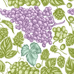 Seamless pattern with hand drawn pastel grapes, hop