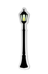 Vector illustration, sticker of black streetlight with yellow lamp isolated on white background
