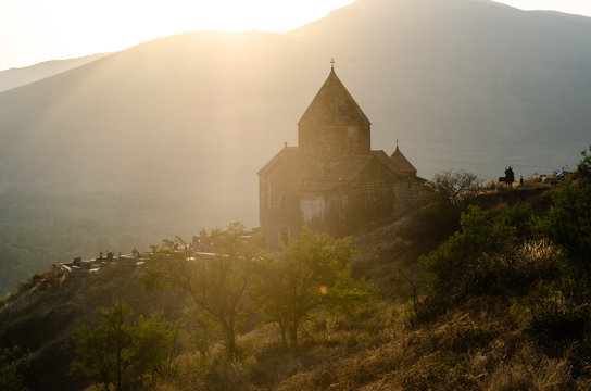 old Sevanavanq monastery in Sevan, Armenia while sunset