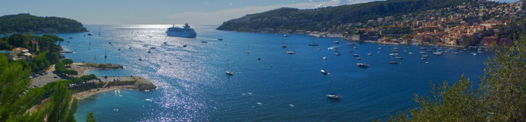 Panoramic view of Villefranche-sur-Mer in the French Riviera, France, and the Mediterranean sea