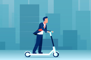 Vector of a young business man riding an electric scooter on a modern cityscape background.