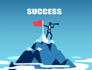 Vector of a businessman standing on top of the mountain looking for success