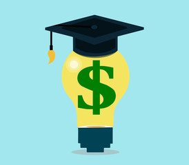 Vector of a graduation cap and a light bulb with dollar sign inside.