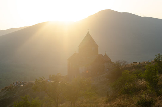 old Sevanavanq monastery in Sevan, Armenia while sunset