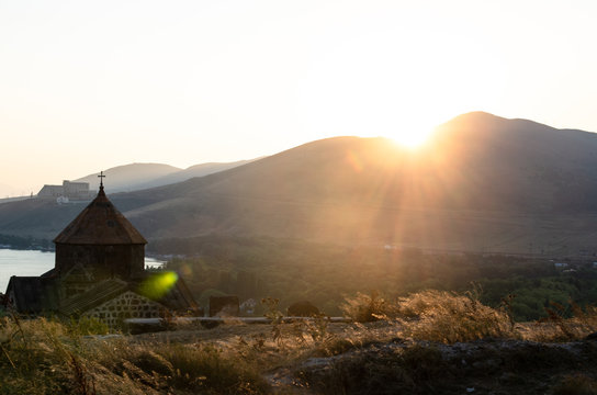old Sevanavanq monastery in Sevan, Armenia while sunset