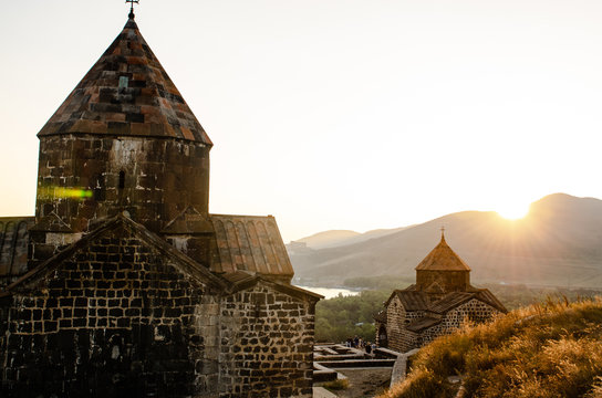old Sevanavanq monastery in Sevan, Armenia while sunset