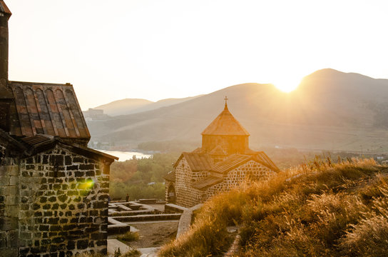 old Sevanavanq monastery in Sevan, Armenia while sunset