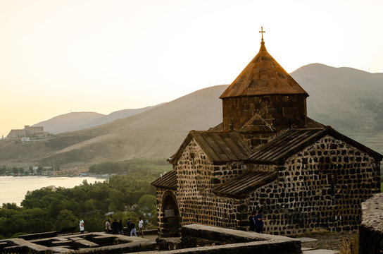 old Sevanavanq monastery in Sevan, Armenia while sunset