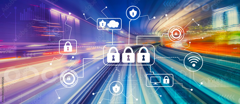 Wall mural cyber security theme with abstract high speed technology pov motion blur