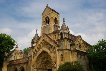 BUDAPEST, HUNGARY: Exterior view of Jak Church inside Vajdahunyad Castle at City Park area. © Anna ART