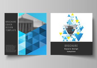 The minimal vector illustration of editable layout of two square format covers design templates for brochure, flyer, magazine. Blue color polygonal background with triangles, colorful mosaic pattern.