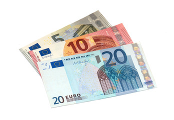 Obraz na płótnie Canvas 5, 10, 20 Euro Banknotes isolated on white Background 
