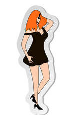 Vector illustration, sticker of young redhead girl in black dress in flat cartoon style isolated on white background