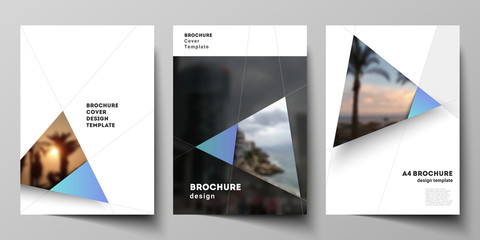 The vector layout of A4 format modern cover mockups design templates for brochure, magazine, flyer, booklet, report. Creative modern background with blue triangles and triangular shapes. Simple design