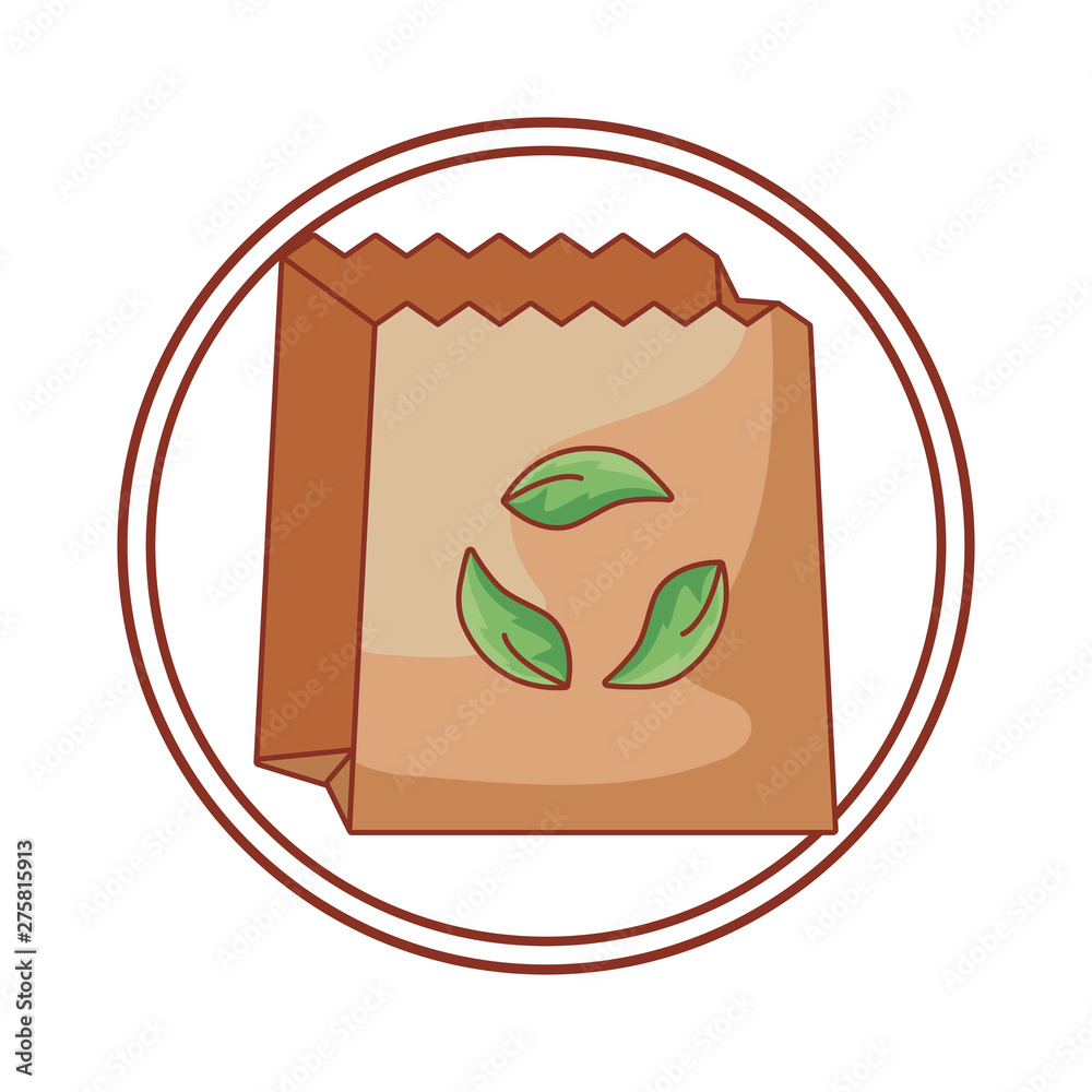 Poster ecological paper bag with leafs in frame circular