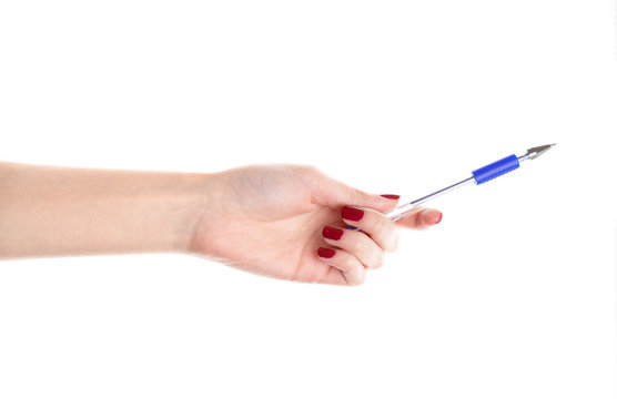 Female hands hold a pen� isolated on white background. Ball pen