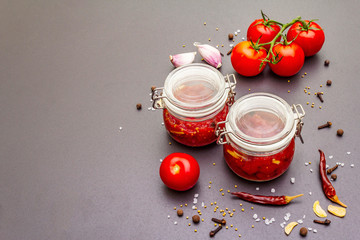 Tomato confiture, jam, chutney, sauce. Homemade preservation concept