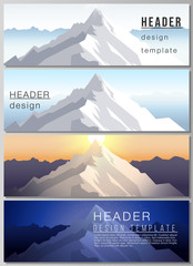 The minimalistic vector illustration of the editable layout of headers, banner design templates. Mountain illustration, outdoor adventure. Travel concept background. Flat design vector.