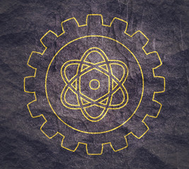 Pictograph of atom in the center of gear. Brochure or report design template.