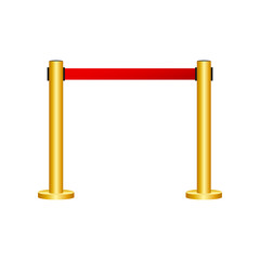 Red carpet with red ropes on golden stanchions. Exclusive event, movie premiere, gala, ceremony, awards concept. Vector stock illustration.