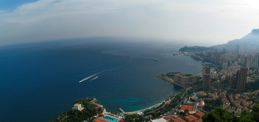 Aerial Panoramic view of Monaco, France and the Mediterranean sea / Cote d'Azur