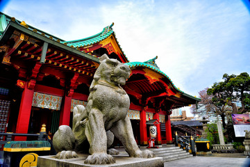 CHIYODA-KU, TOKYO / Japan - Apr.11 :  Guardian dog (placed at the gate or in front of a Shinto shrine) of Kanda Myoujin shrine.