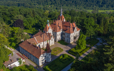 Aerial view on castle of Shenborn, Carpathians mountains, Ukraine.