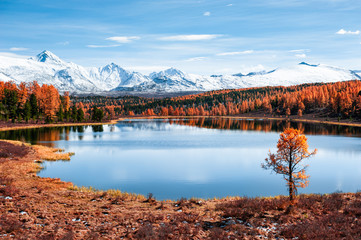 Kidelu lake in Altai mountains, Siberia, Russia. Beautiful autumn landscape. Famous travel...
