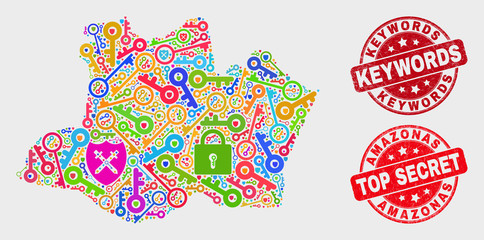 Privacy Amazonas State map and watermarks. Red rounded Top Secret and Keywords grunge stamps. Bright Amazonas State map mosaic of different security symbols. Vector composition for security purposes.