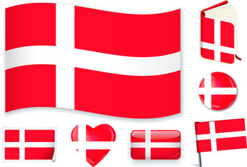 Denmarkian national flag vector illustration in different shapes.